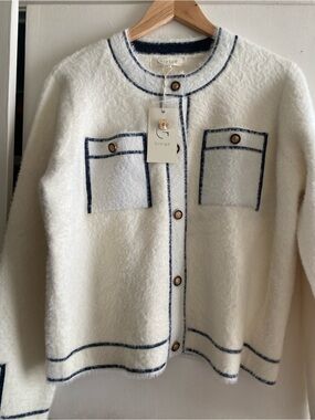 Greige White Chanel style Cardigan with black trim Large Anthropologie NWT